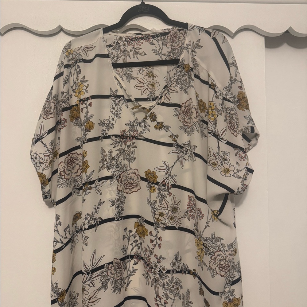 Maurices Floral Striped Blouse - Black, Gold, Cream